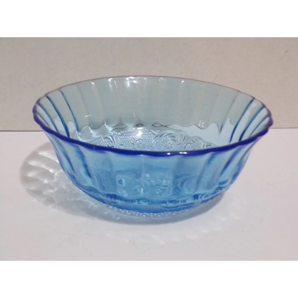 Vintage Blue Pressed Glass Bowl Ribbed Fluted Edges Embossed Star 6 3/4